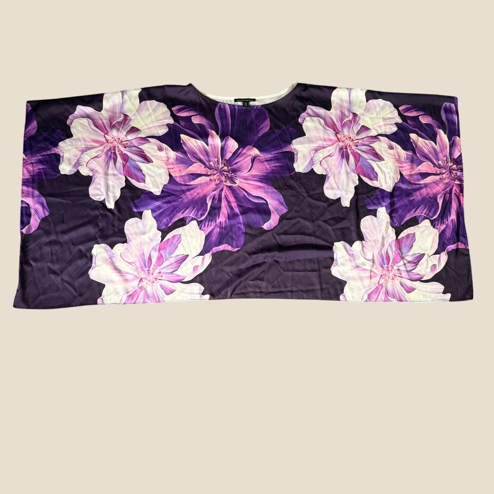 Boston Proper Floral Kimono Top Womens L/XL Purple Silky Satin Boxy Resortwear